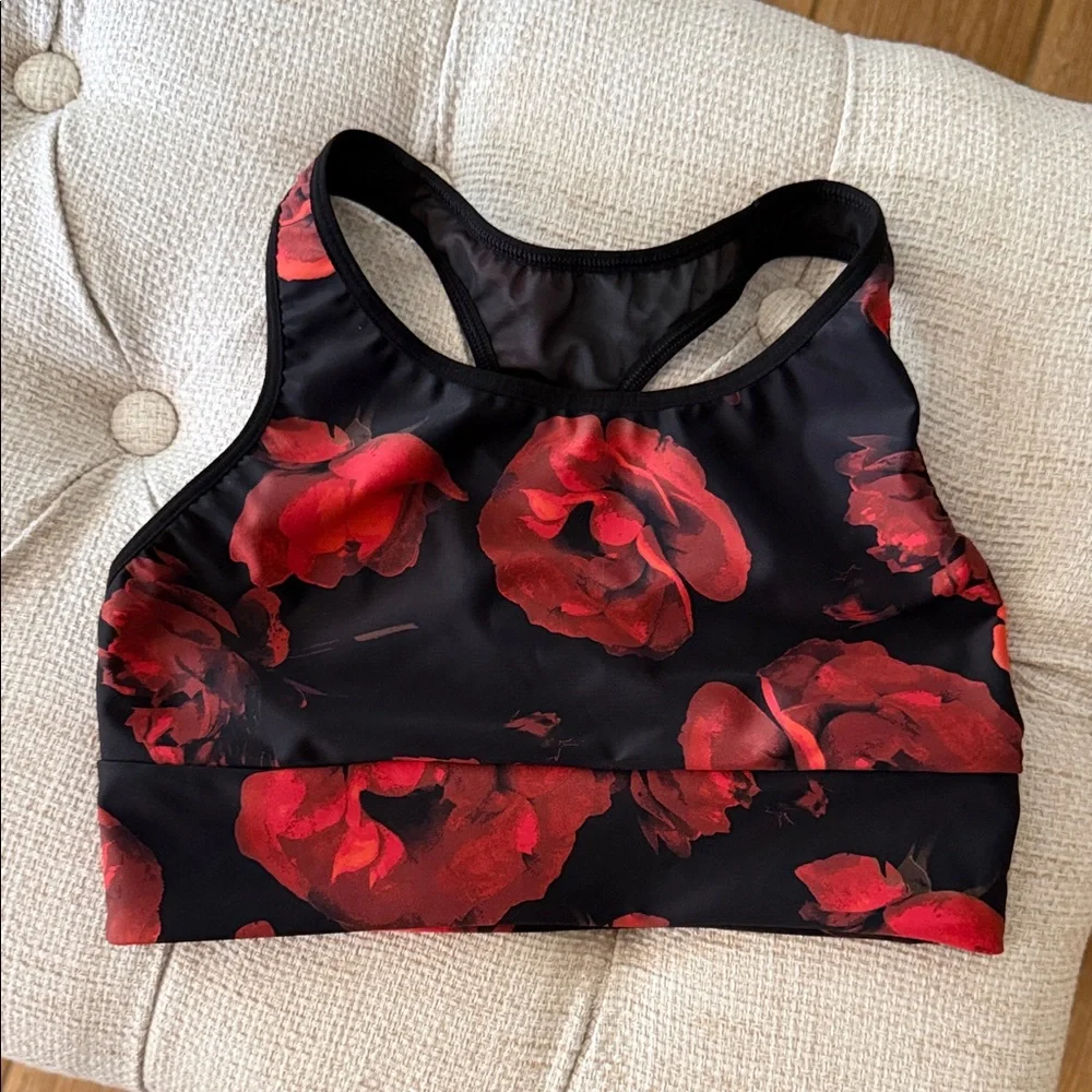 Victorias Secret Elegant Black and Red Floral Sports Bra